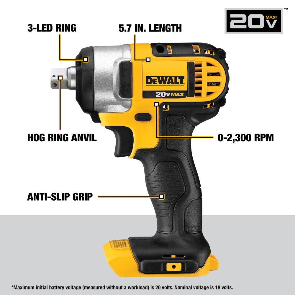 DEWALT 20 V MAX Lithium Ion 1/2 In. Impact Wrench with Detent Pin (Tool Only) - Ascmtools