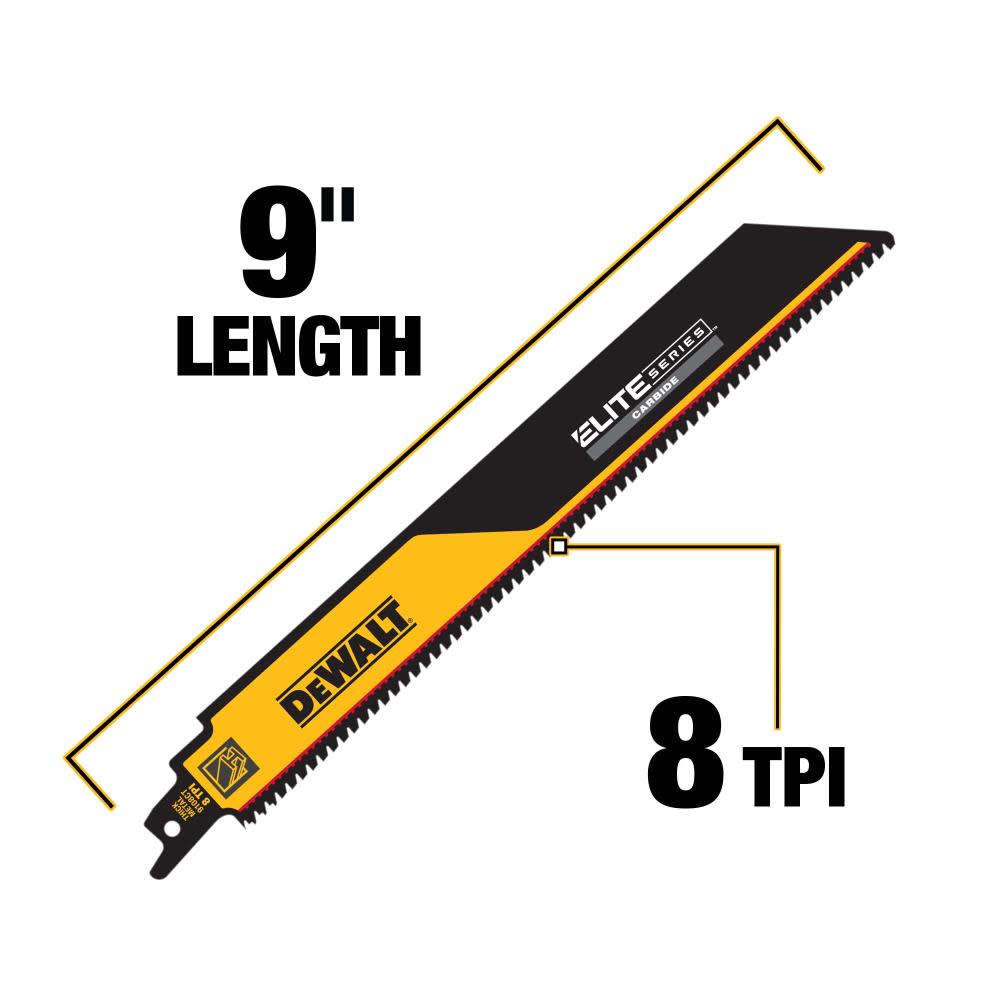 DEWALT ELITE SERIES Reciprocating Saw Blade 1pk Carbide Tipped 9″ 8 TPI Metal Cutting - Ascmtools