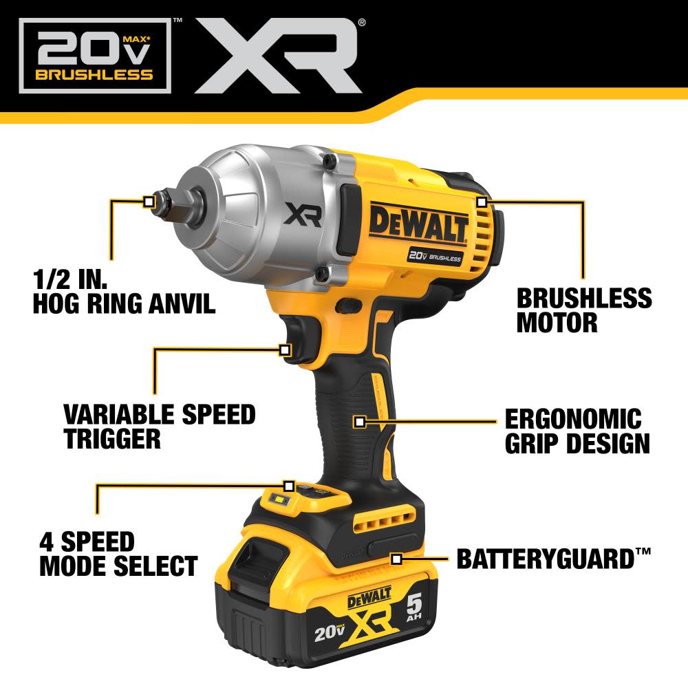 DEWALT 20V MAX XR 1/2″ High Torque Impact Wrench with Hog Ring Anvil Kit - Ascmtools