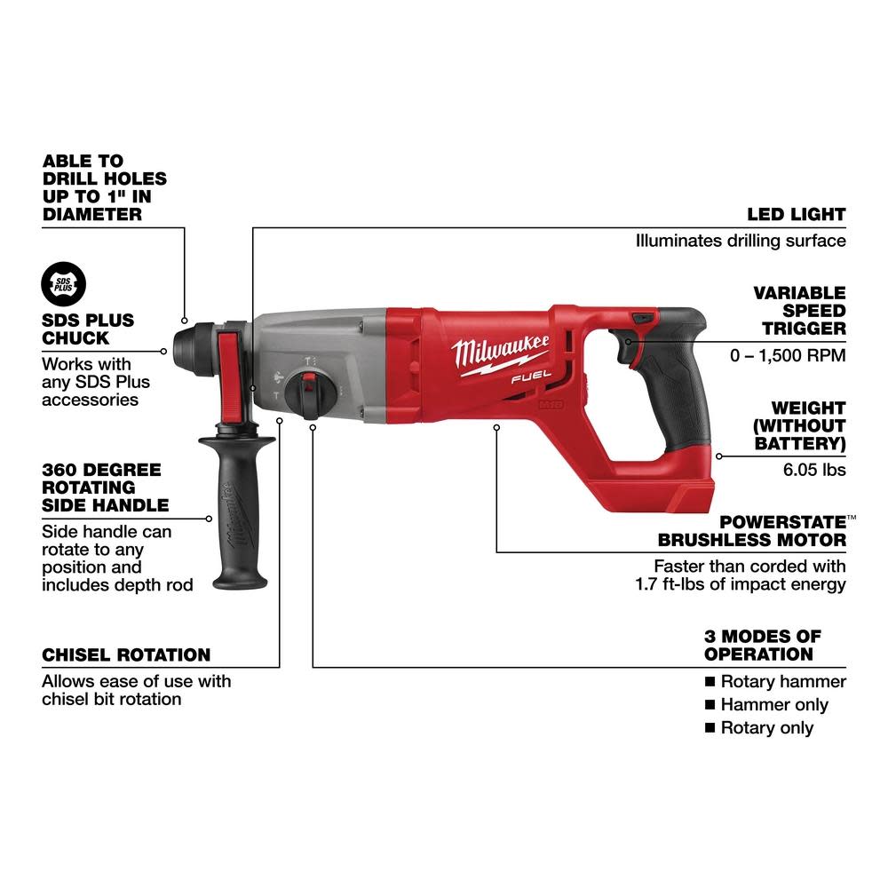 Milwaukee M18 FUEL Cordless 1 in. SDS-Plus D-handle Rotary Hammer - Ascmtools