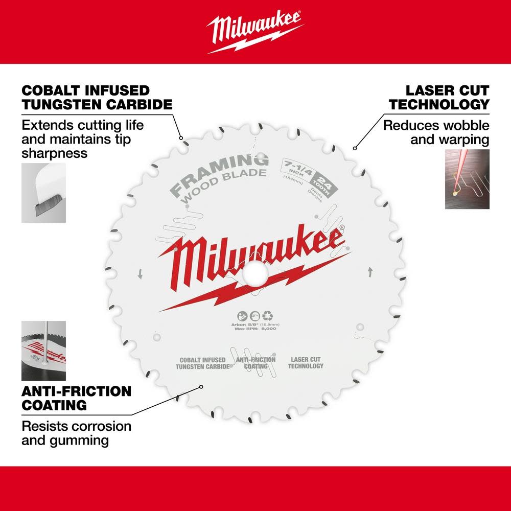 Milwaukee 7-1/4″ 24T Framing Circular Saw Blade 2PK - Ascmtools