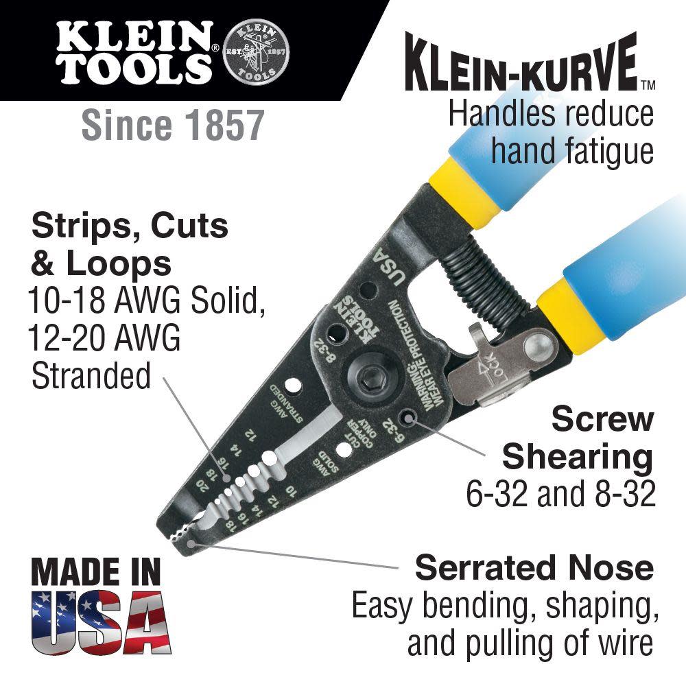 Klein Tools Kurve Wire Stripper/Cutter #10-18 Solid and #12-20 Stranded - Ascmtools