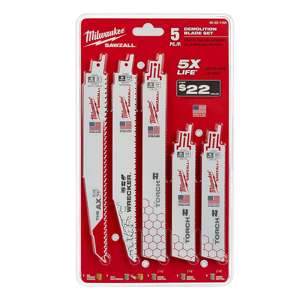 Milwaukee 5-Piece Demolition SAWZALL Blade Set - Ascmtools