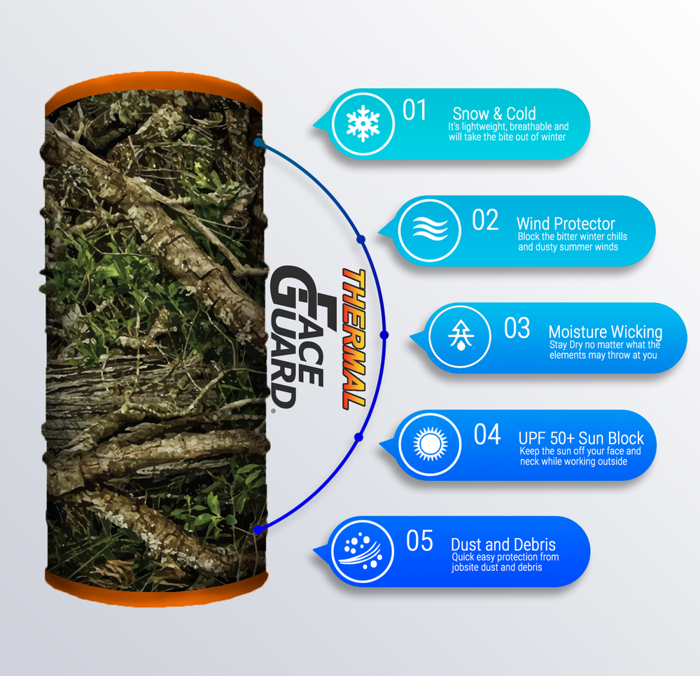 John Boy Thermal Face Guard – Reversible Tree Camo and Orange Pattern - Ascmtools