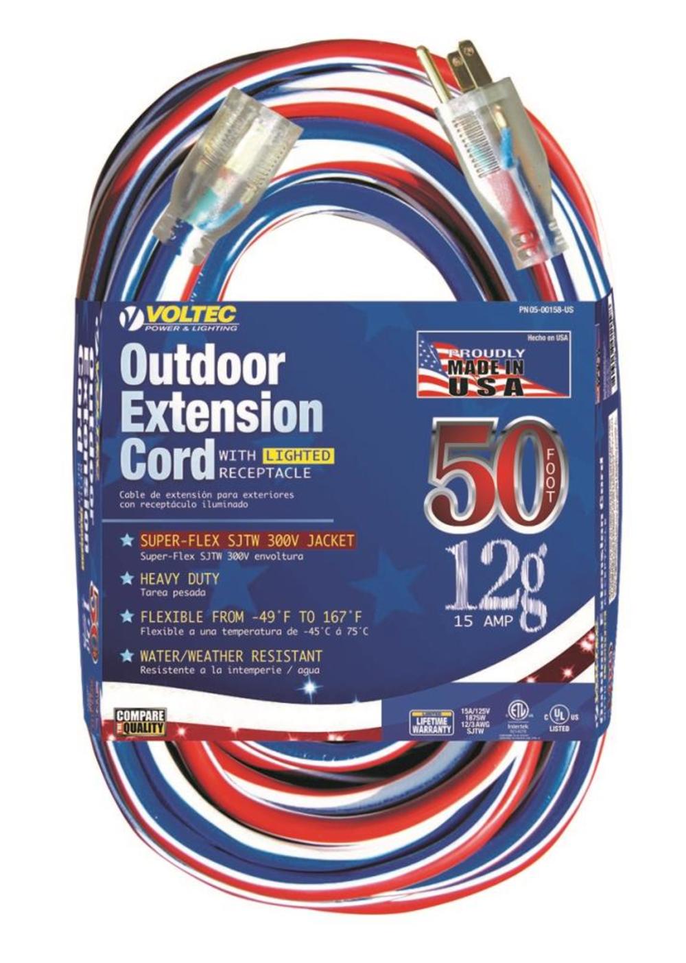 Voltec 50Ft 12/3 SJTW Red/White/Blue Extension Cord with Lighted Ends - Ascmtools