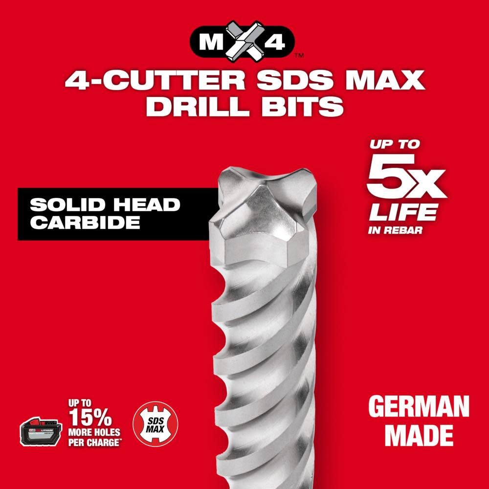 Milwaukee SDS MAX Rotary Hammer Drill Bit 4CT MX4 1 1/2″ X 24″ X 29″ - Ascmtools