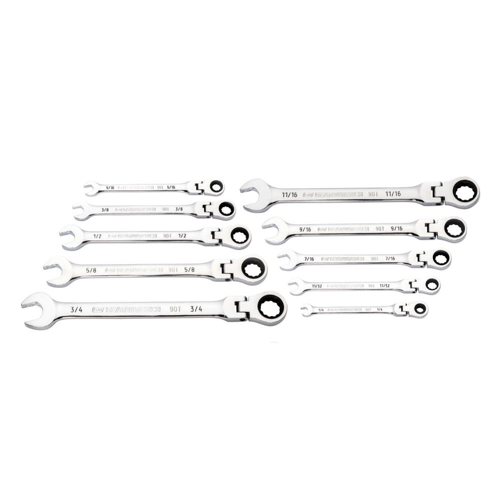 GEARWRENCH 10 Pc. 90T 12 Point Flex Head Ratcheting Combination SAE Wrench Set - Ascmtools