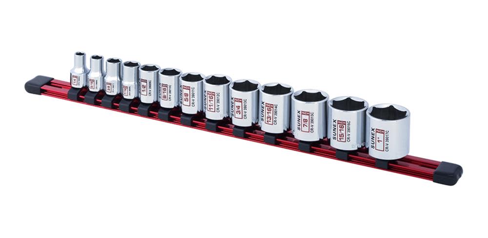Sunex 3/8 In. Dr 6 Pt Standard SAE Socket Rail 13 Pc Set - Ascmtools