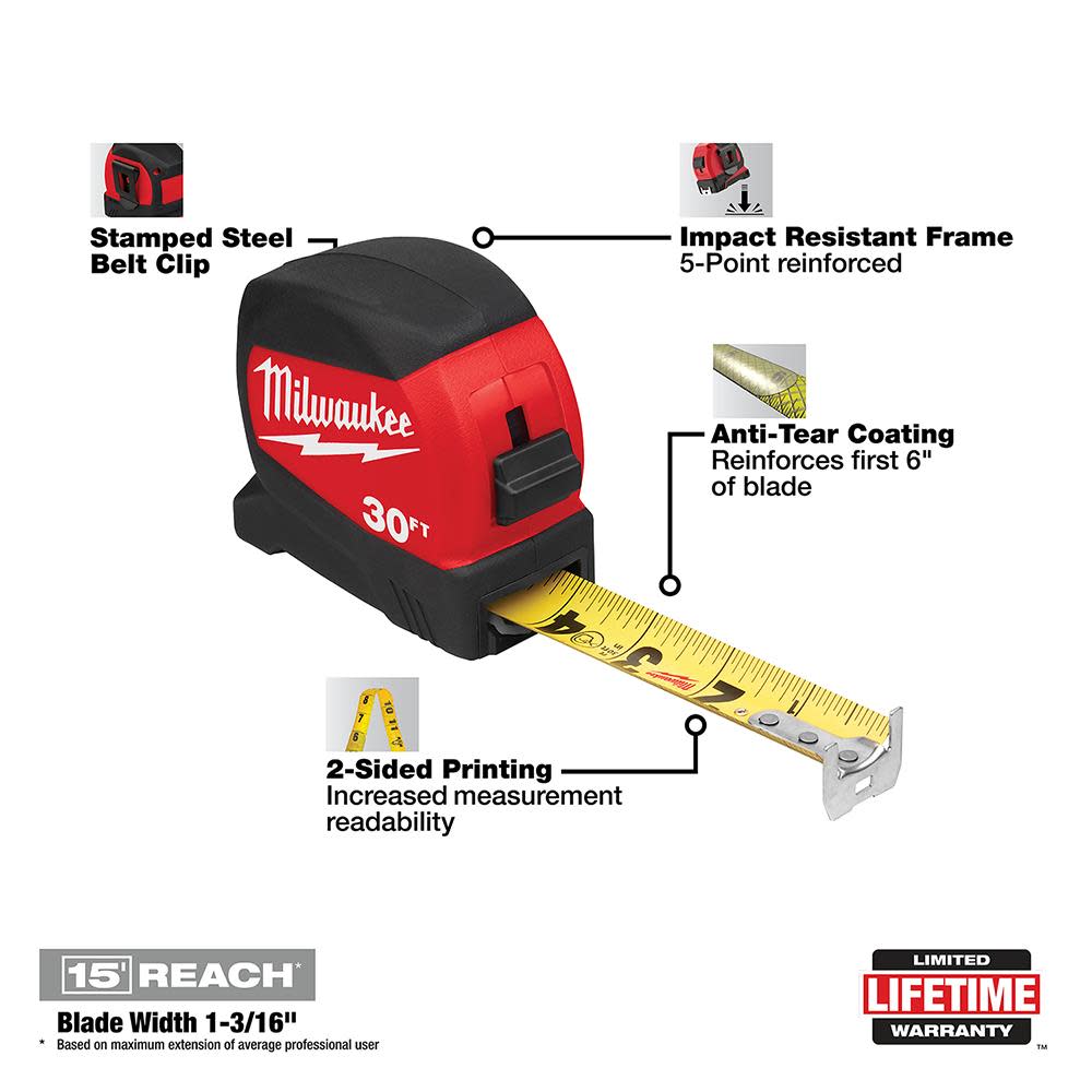Milwaukee 30Ft Compact Wide Blade Tape Measure - Ascmtools