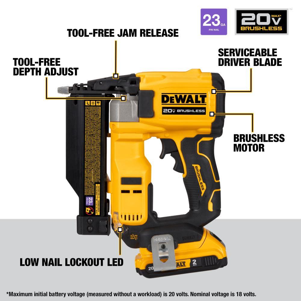 DEWALT ATOMIC Compact Series 20V MAX Pin Nailer 23 Gauge Kit - Ascmtools