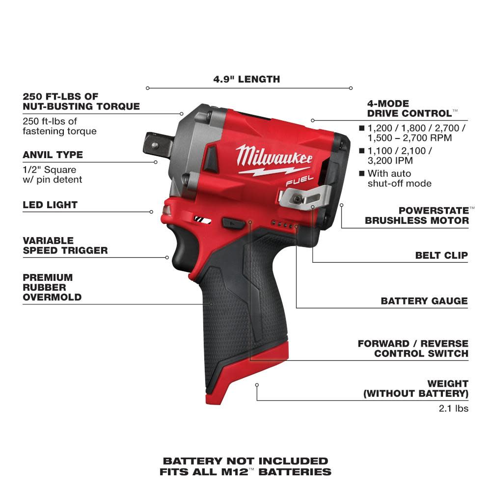 Milwaukee M12 FUEL Stubby 1/2 in. Pin Impact Wrench - Ascmtools