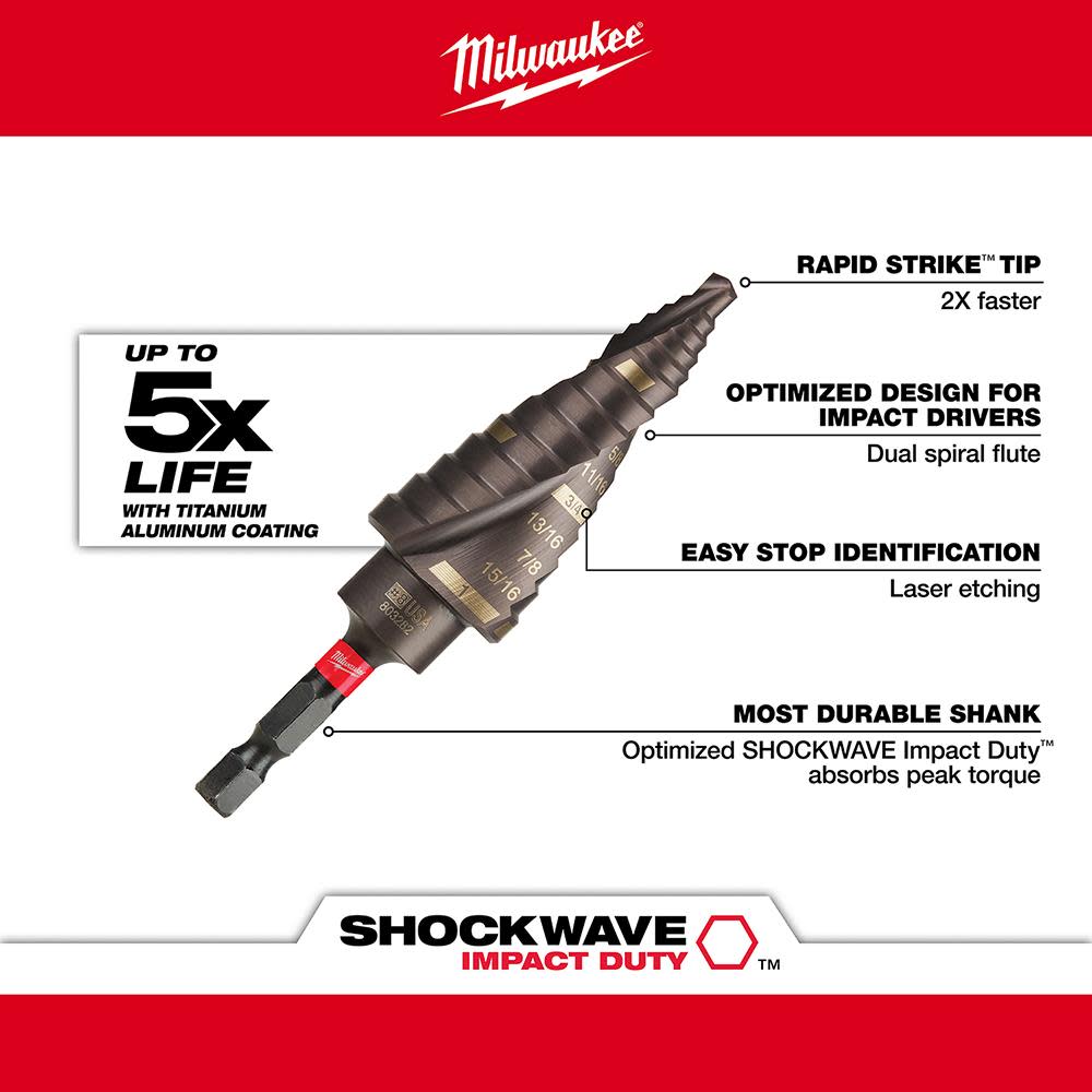 Milwaukee SHOCKWAVE Impact Duty Step Bit #8 1/8 – 1 in. - Ascmtools