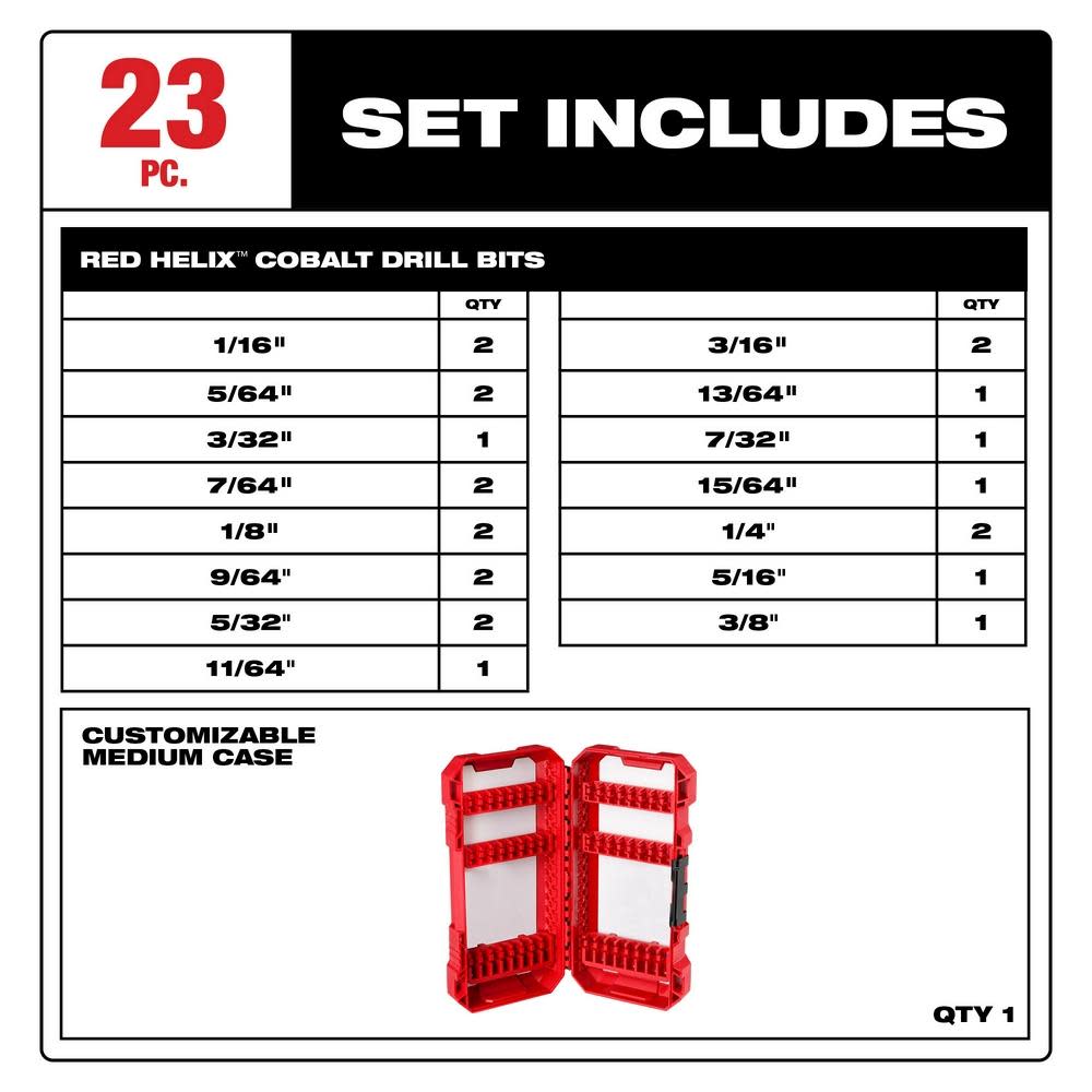 Milwaukee 23 Piece RED HELIX Cobalt Drill Bit Set - Ascmtools