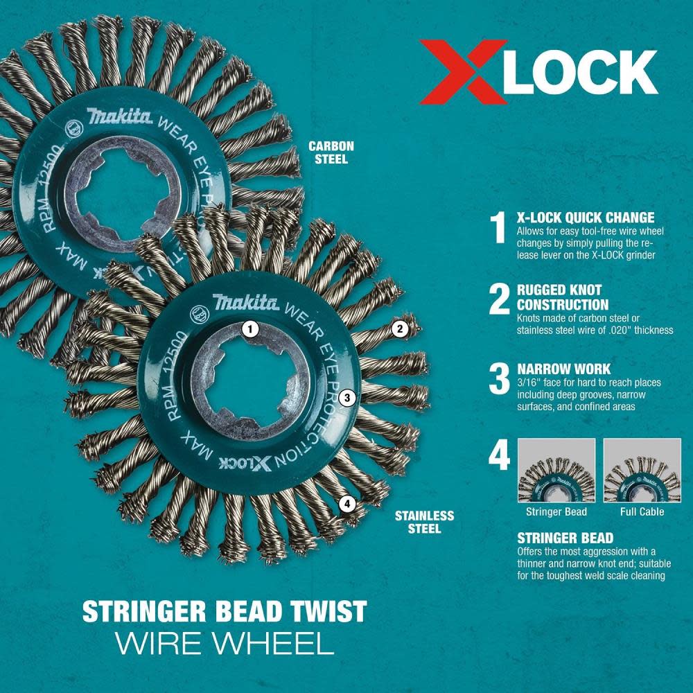 Makita X-LOCK 4-1/2″ Carbon Steel Stringer Bead Twist Wire Wheel - Ascmtools