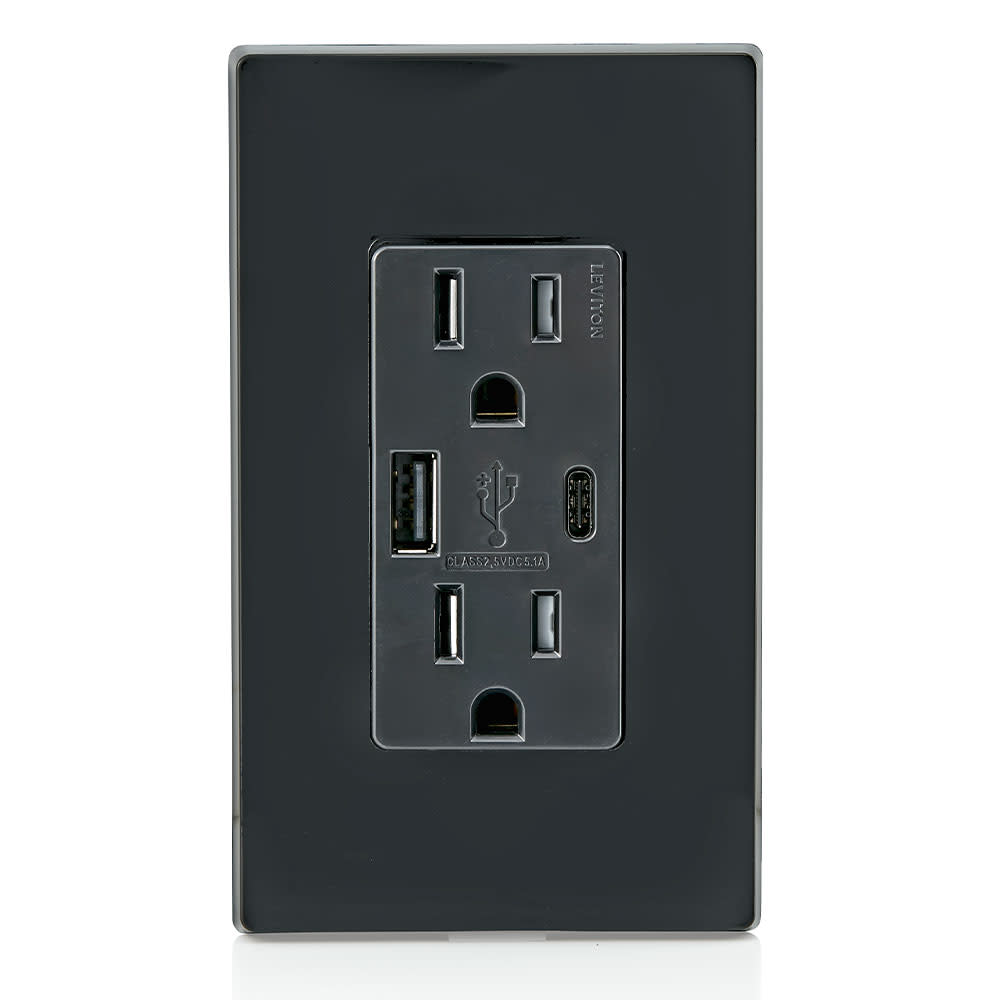 Leviton 15A 125V 5-15R Black Outlet with USB Type A/C Charger - Ascmtools