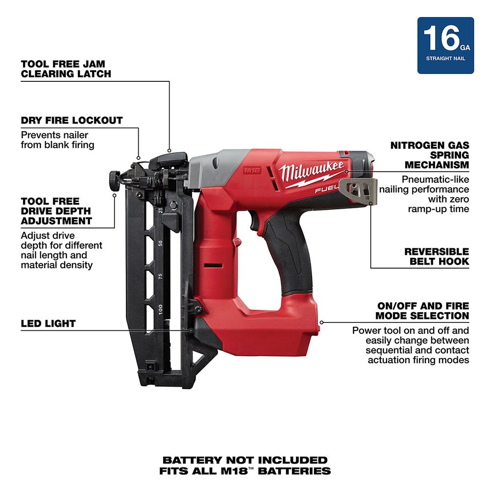 Milwaukee M18 FUEL 16 Gauge Straight Finish Nailer - Ascmtools