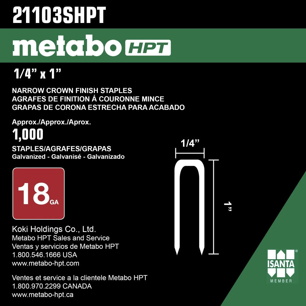 Metabo HPT 1″ Staples 18 Gauge Narrow Crown Finish 1000qty - Ascmtools