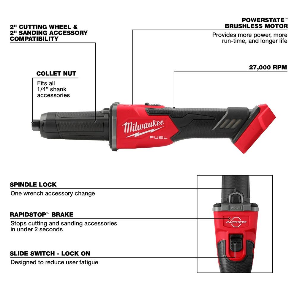 Milwaukee M18 FUEL Braking Die Grinder Slide Switch Bare Tool - Ascmtools