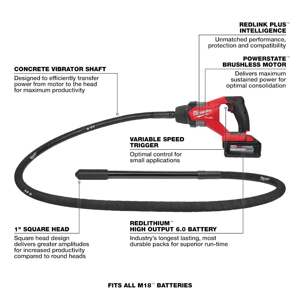 Milwaukee M18 FUEL 8′ Concrete Pencil Vibrator Kit - Ascmtools