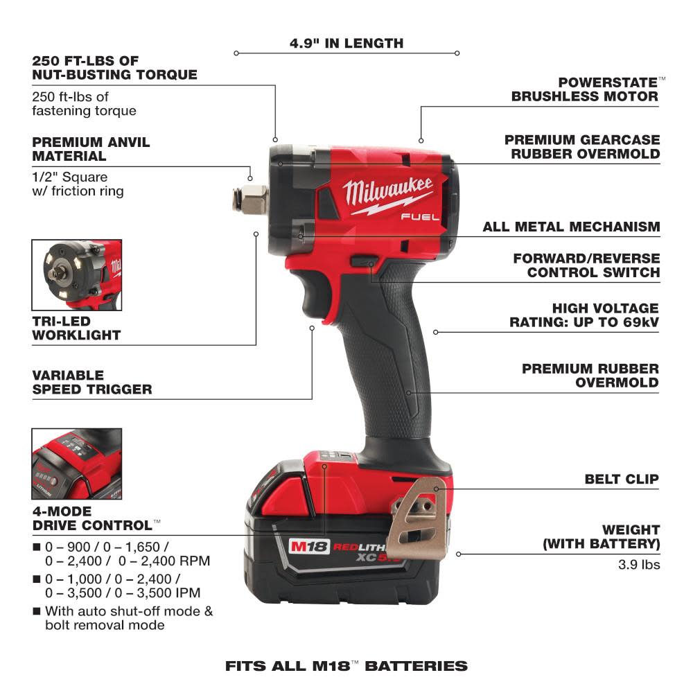 Milwaukee M18 FUEL 1/2 Compact Impact Wrench with Friction Ring Kit - Ascmtools