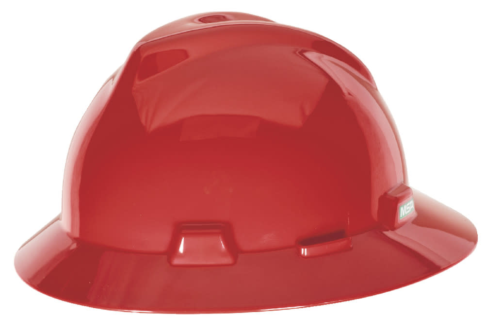 MSA Safety Works V Gard Slotted Full Brim Hat Red with 1 Touch Suspension - Ascmtools
