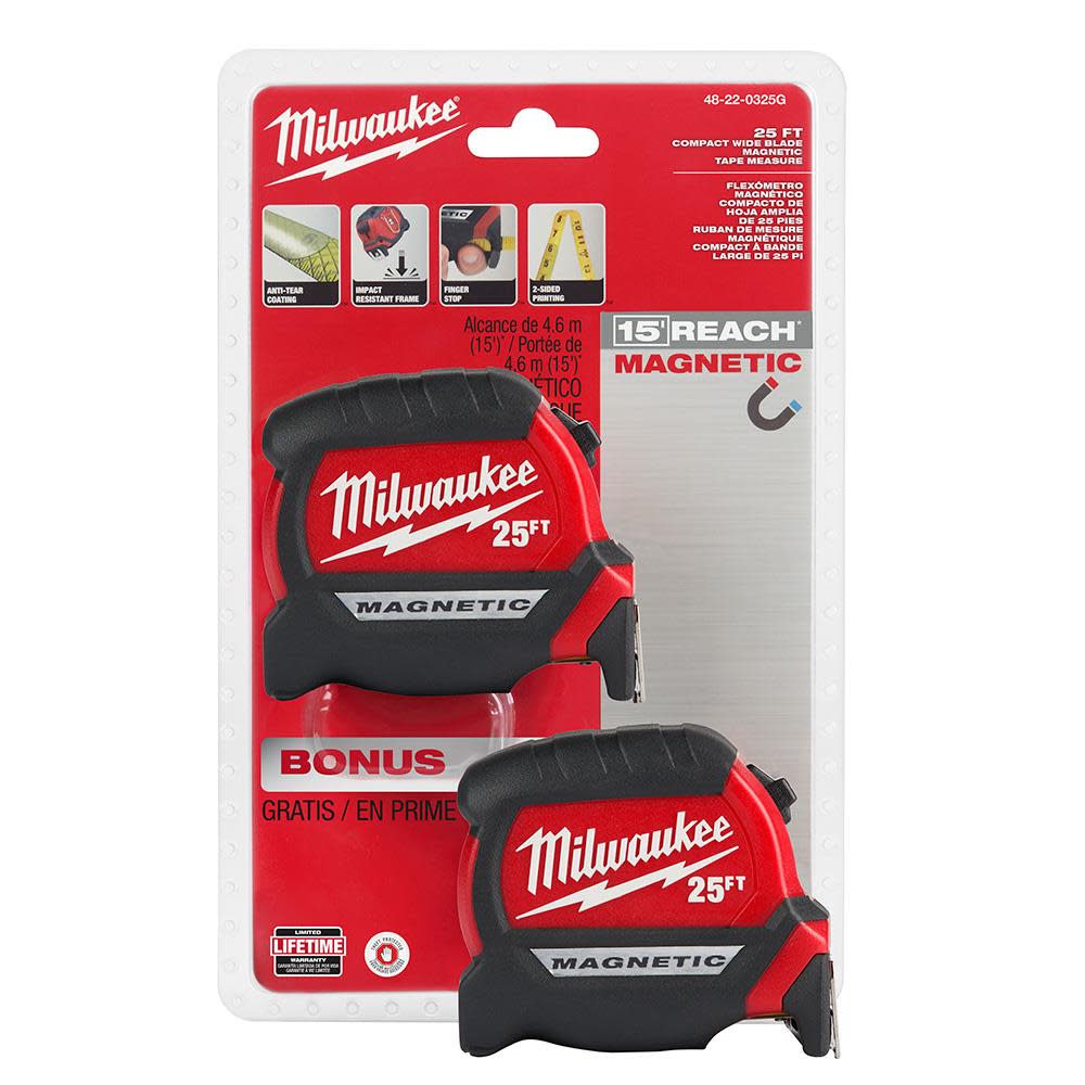 Milwaukee 25′ Compact Wide Blade Magnetic Tape Measure 2-Pack - Ascmtools