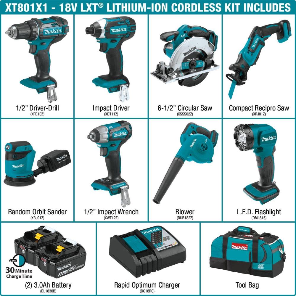 Makita 18V LXT Lithium-Ion Cordless 8-Piece Combo Kit (3.0Ah) - Ascmtools