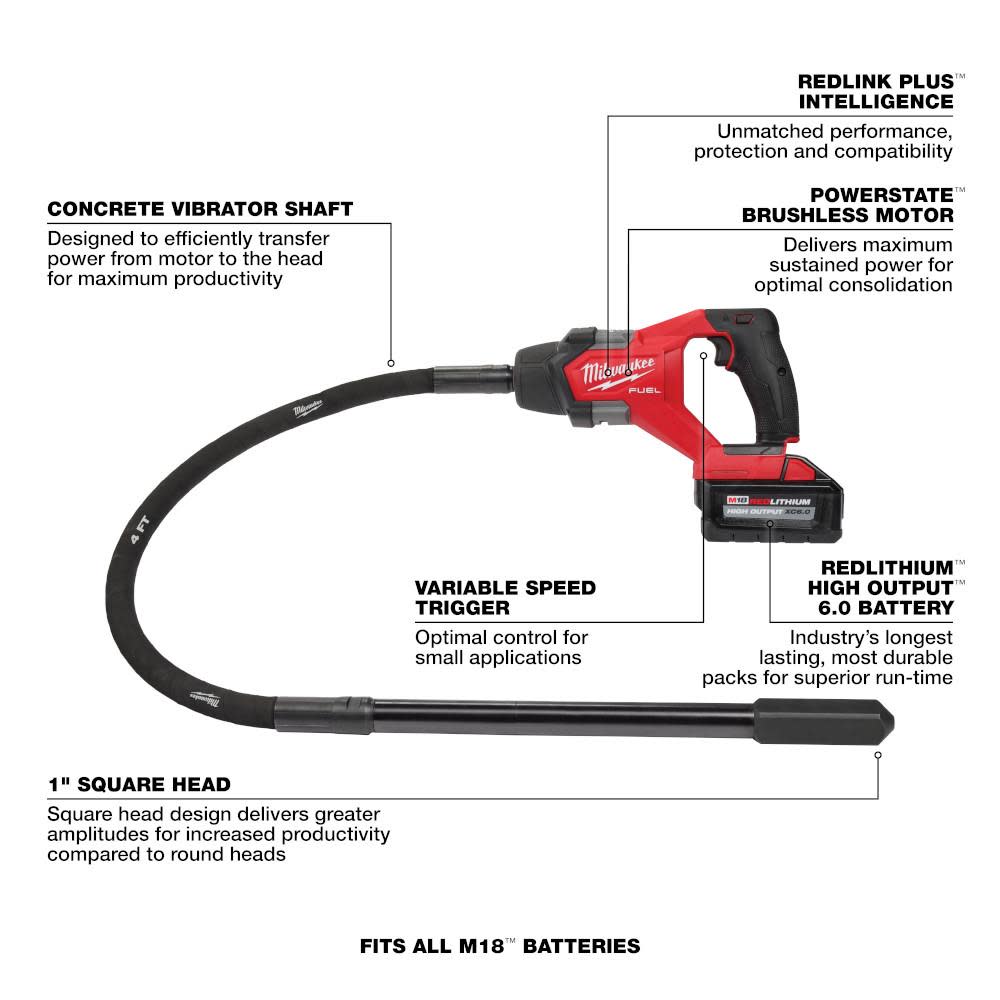Milwaukee M18 FUEL 4′ Concrete Pencil Vibrator Kit - Ascmtools
