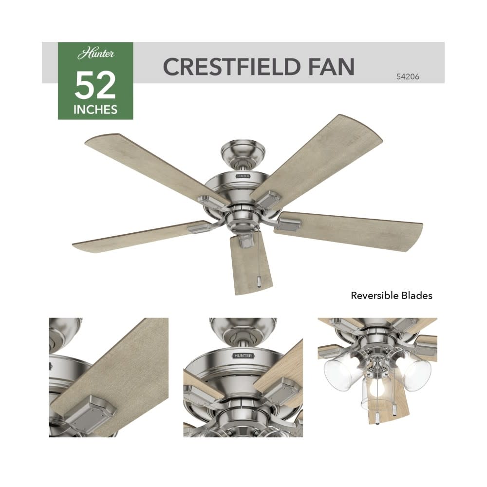 Hunter Fan Crestfield Ceiling Fan 52″ Nickel Bleached Grey Pine - Ascmtools