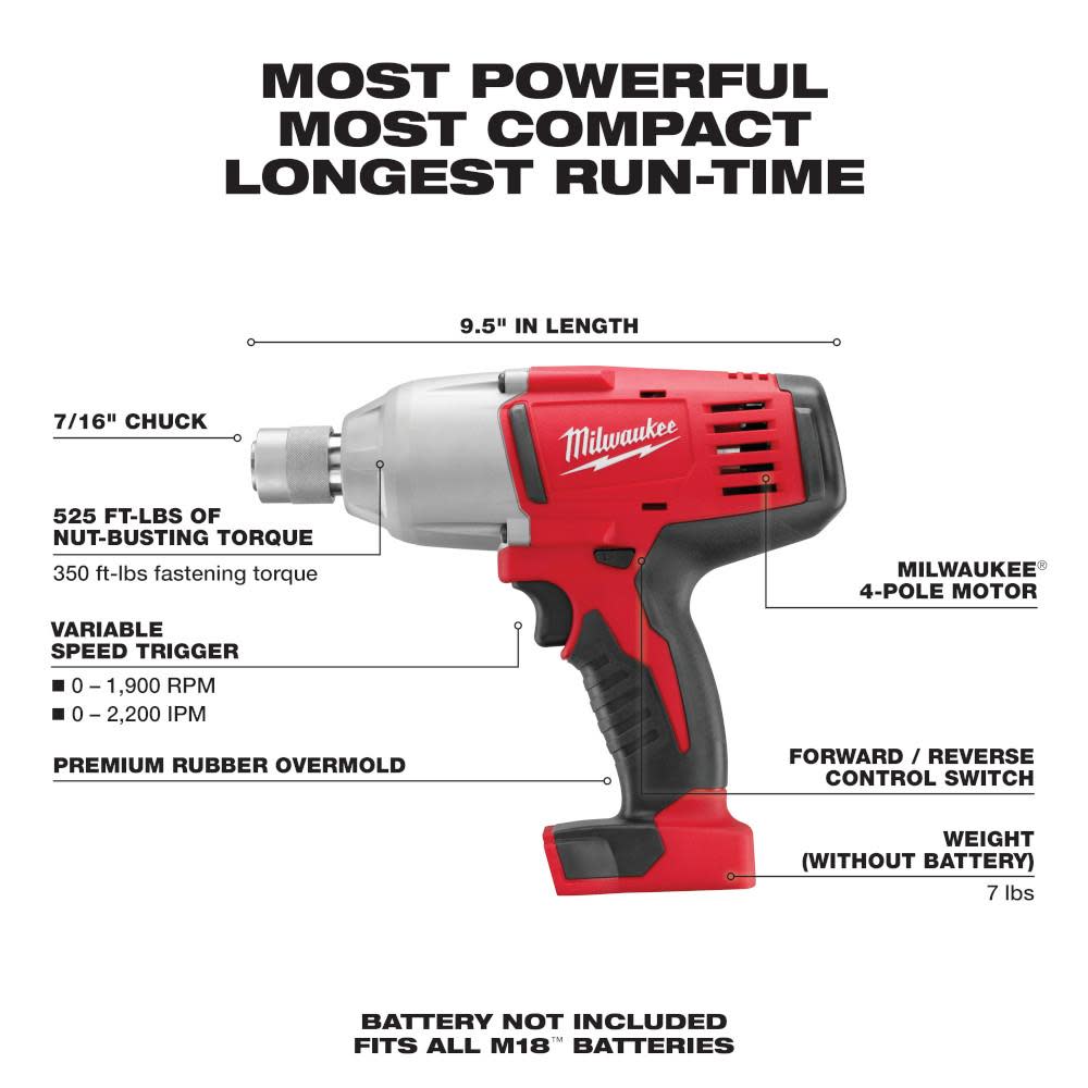 Milwaukee M18 Cordless 7/16 In. High Torque Impact Wrench (Bare Tool) - Ascmtools