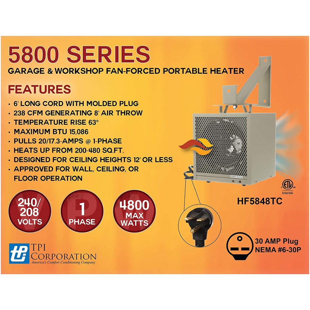TPI Corporation Heater 208V/240V 1 Phase 4800with 3600W Fan Forced Portable - Ascmtools
