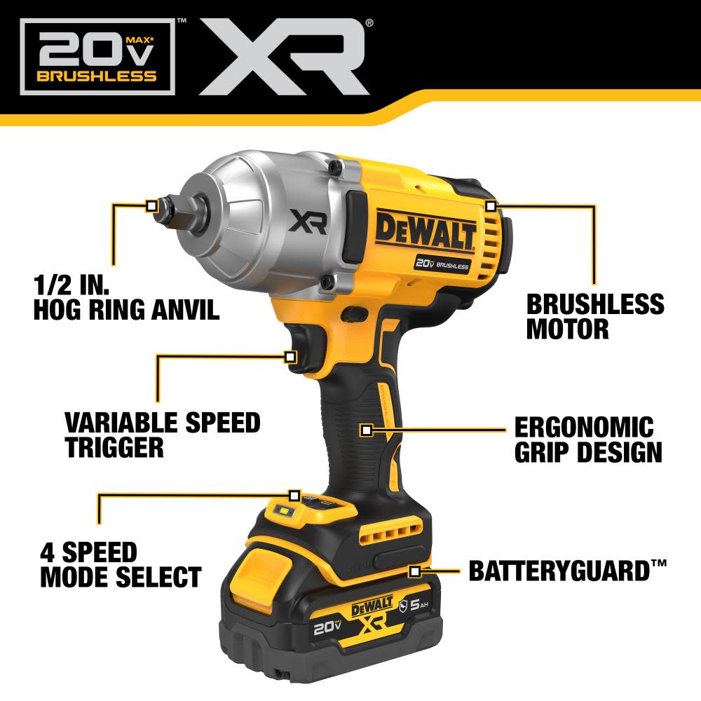 DEWALT 20V MAX XR 1/2″ High Torque Impact Wrench with Hog Ring Anvil Kit - Ascmtools