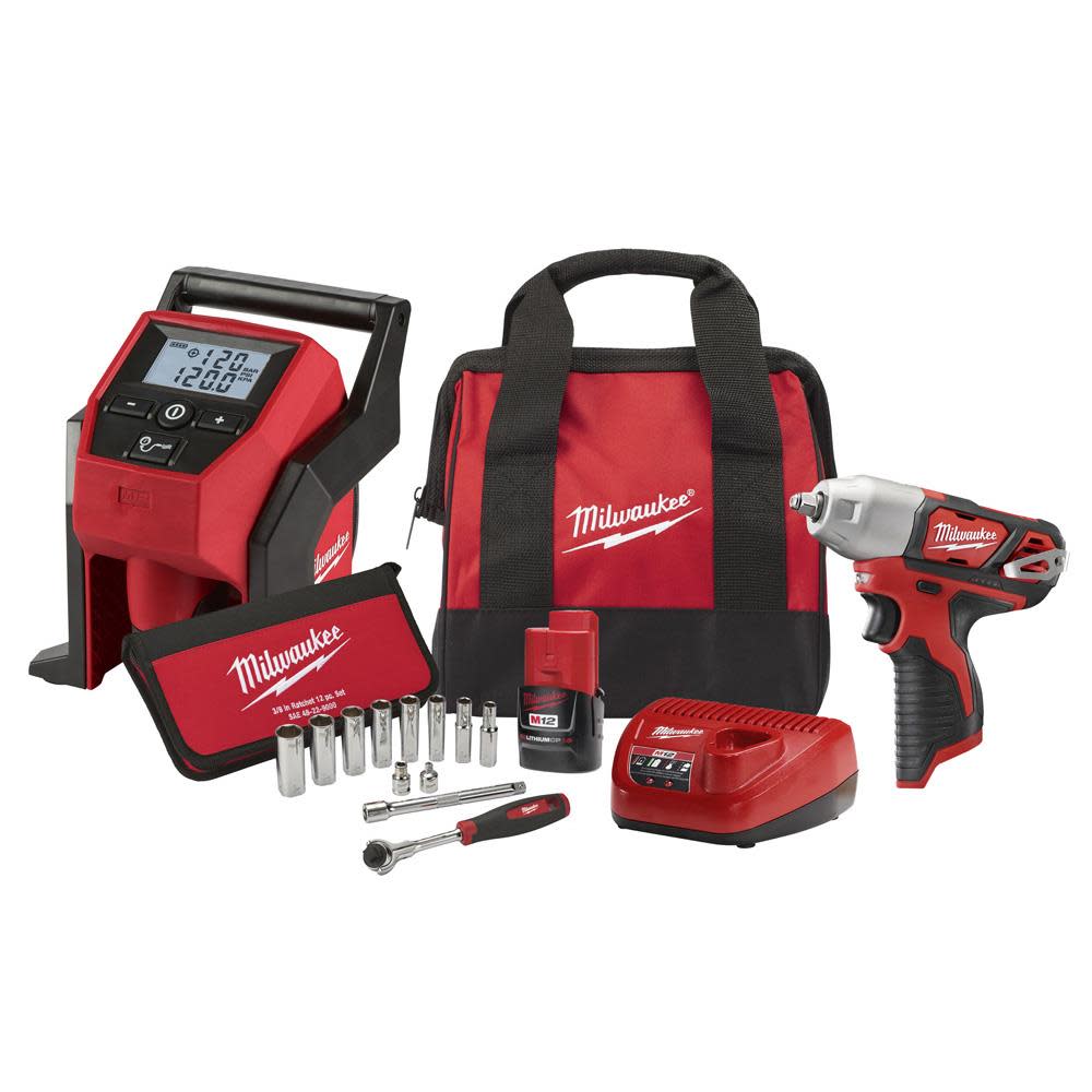 Milwaukee M12 3/8 in. Impact Wrench Kit with Inflator - Ascmtools