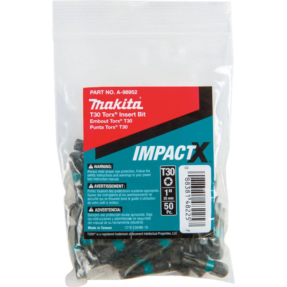 Makita Impact X T30 Torx 1 Insert Bit 50/pk Bulk - Ascmtools