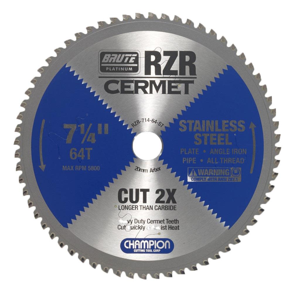 Champion Cutting Tool Cermet Tipped Circular Saw Blade 7-1/4 In. (Stainless Steel Cutting) - Ascmtools