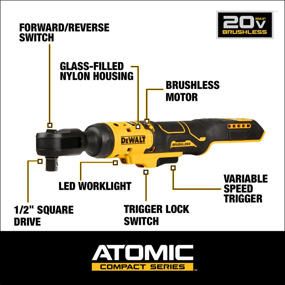 DEWALT ATOMIC 20V MAX Ratchet Brushless Kit 1/2″ - Ascmtools