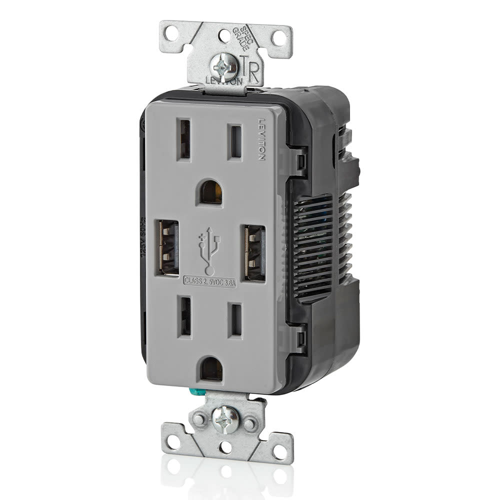 Leviton Decora 15A 125V Gray NEMA 5-15R Outlet & USB Charger - Ascmtools