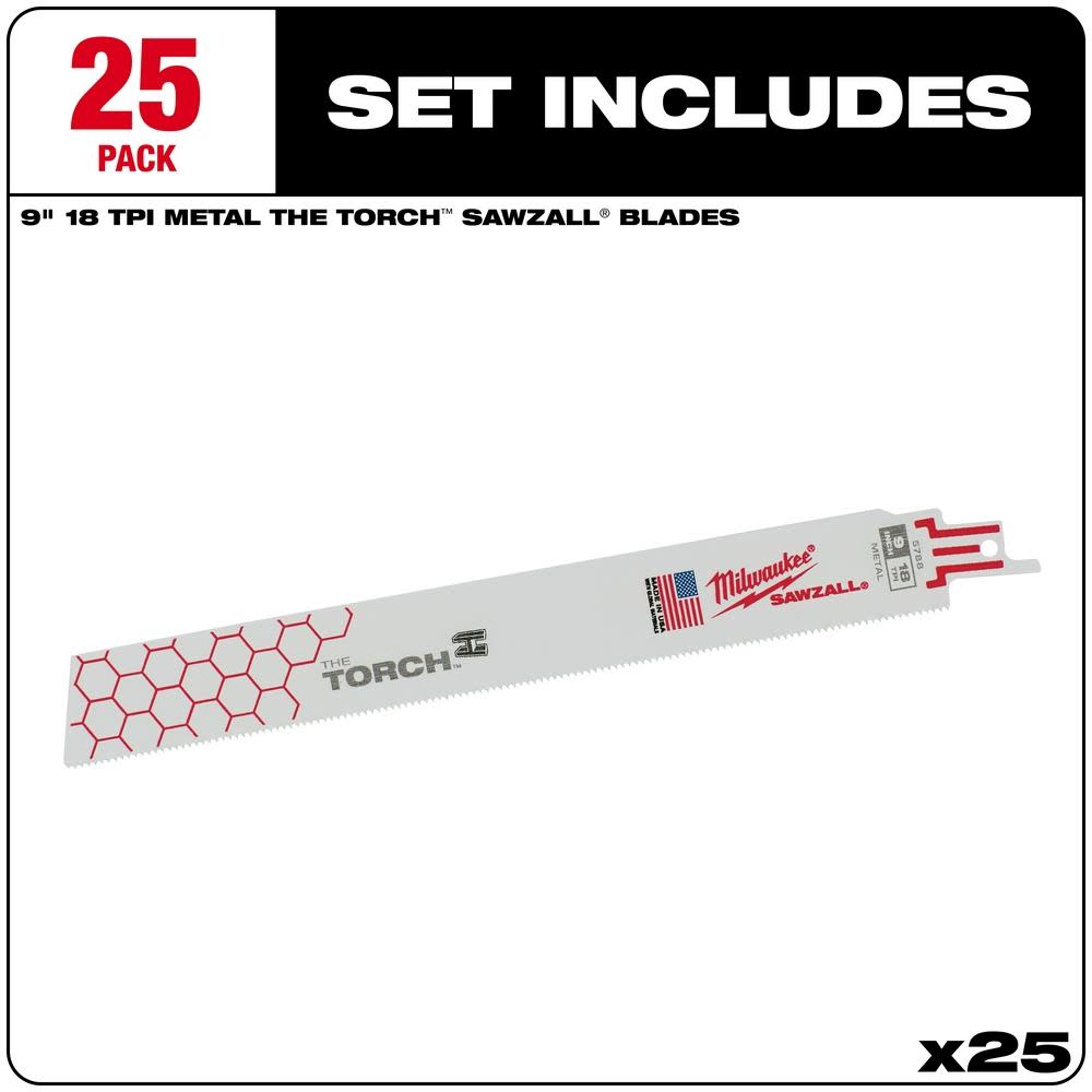 Milwaukee 9 in. 18 TPI THE TORCH SAWZALL Blade 25PK - Ascmtools