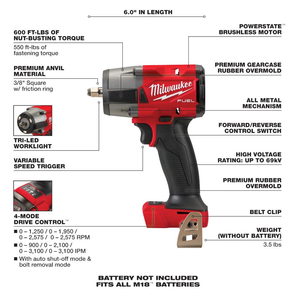 Milwaukee M18 FUEL 3/8 Mid-Torque Impact Wrench with Friction Ring - Ascmtools
