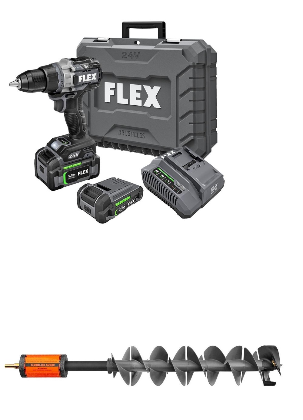 K-Drill 8.5″ Ice Auger with Flex 24V 1/2″ 2 Speed Drill Driver With Turbo Mode Kit - Ascmtools