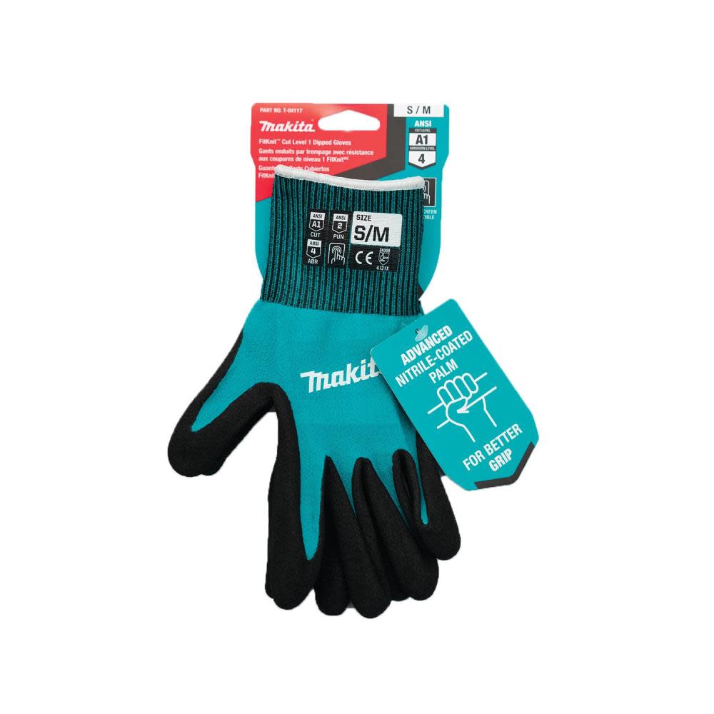 Makita FitKnit Gloves Cut Level 1 Nitrile Coated Dipped Small/Medium - Ascmtools