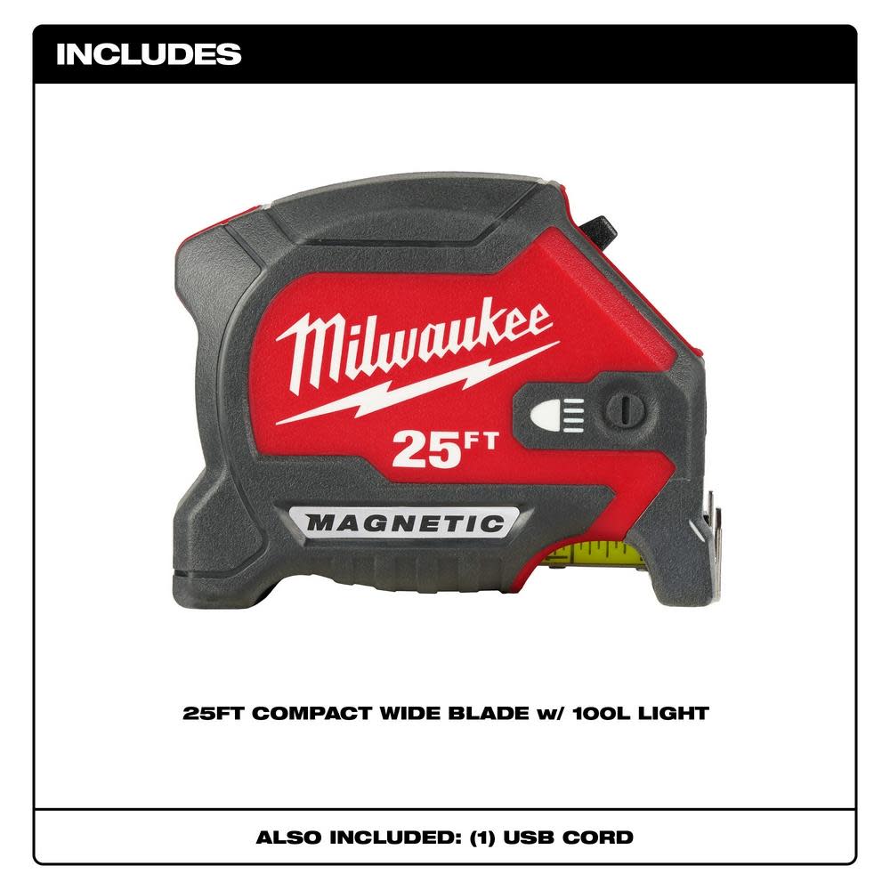 Milwaukee 25ft Wide Blade Magnetic Tape Measure with 100L Light - Ascmtools