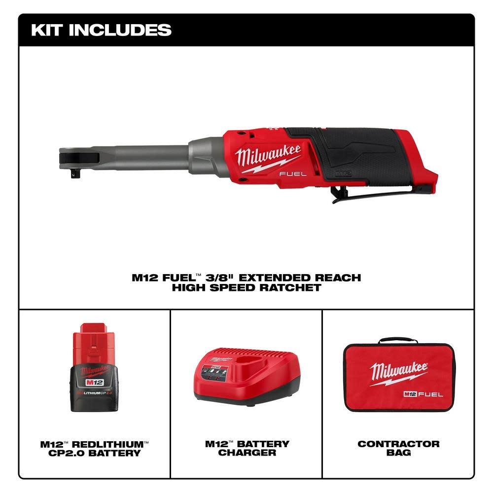 Milwaukee M12 FUEL 3/8″ Extended Reach High Speed Ratchet Kit - Ascmtools