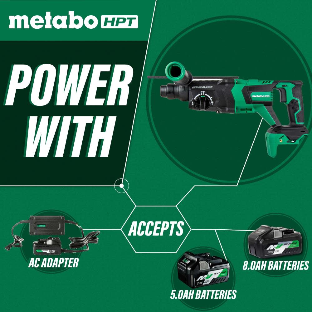 Metabo HPT 36V MultiVolt Rotary Hammer SDS Plus 1 1/8″ D Handle Bare Tool - Ascmtools