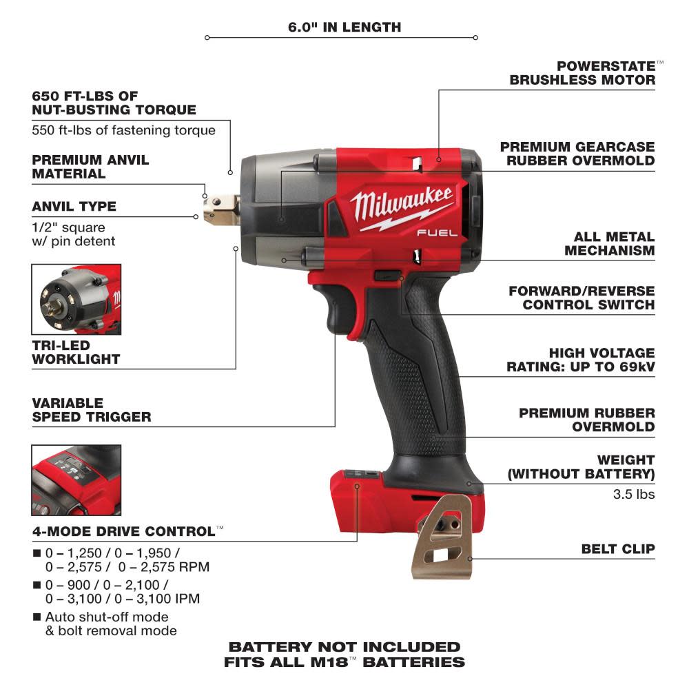 Milwaukee M18 FUEL 1/2 Mid-Torque Impact Wrench with Pin Detent Bare Tool - Ascmtools