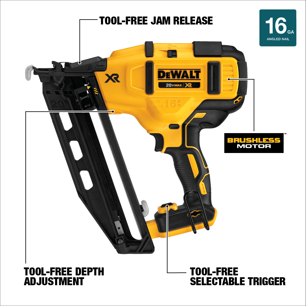 DEWALT 20 V MAX* 16 Gauge Angled Cordless Finish Nailer Kit - Ascmtools