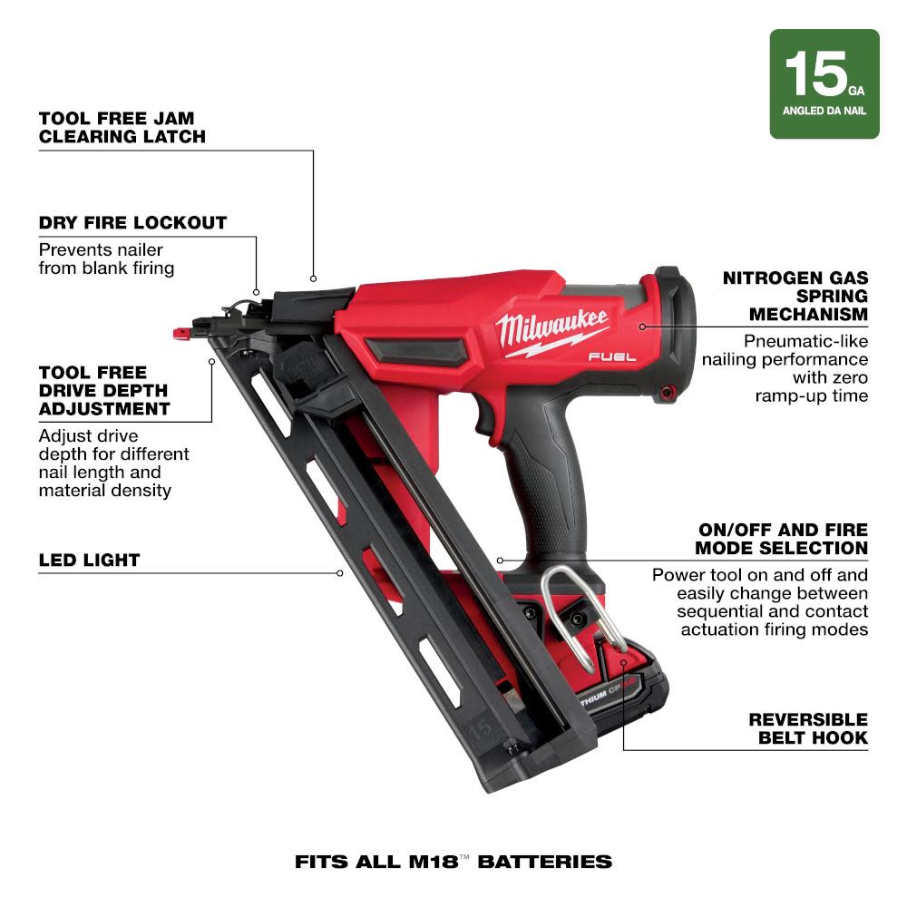 Milwaukee M18 FUEL 15 Gauge Finish Nailer Kit - Ascmtools