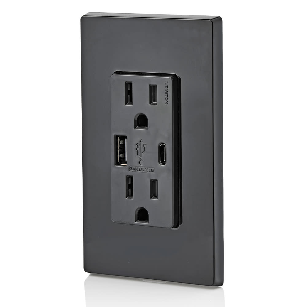 Leviton 15A 125V 5-15R Black Outlet with USB Type A/C Charger - Ascmtools