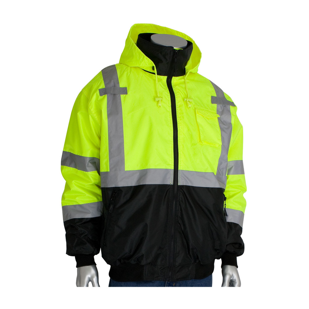 Protective Industrial Products ANSI R3 Black Bottom Bomber Jacket Hi Vis Lime Yellow Medium - Ascmtools
