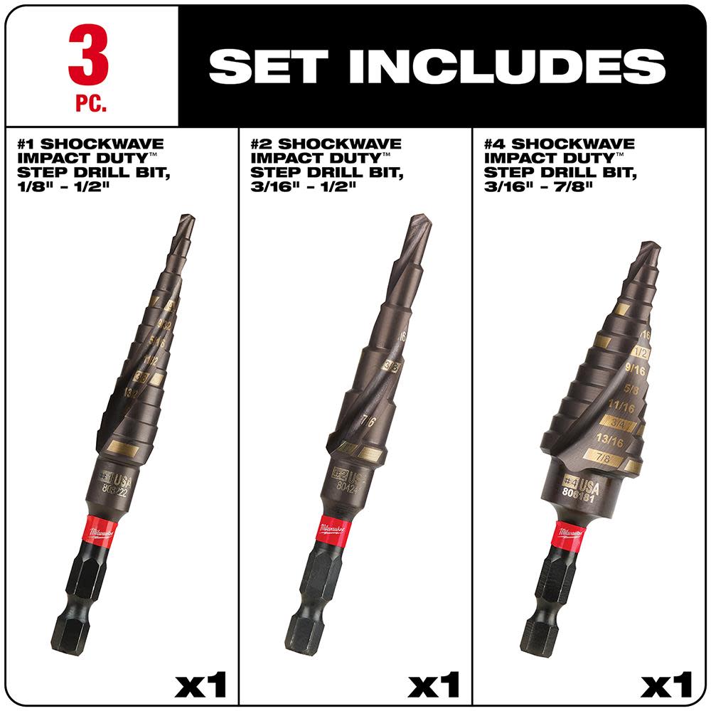 Milwaukee SHOCKWAVE Impact Duty Step Bit 3pc Set (#1 #2 #4) - Ascmtools